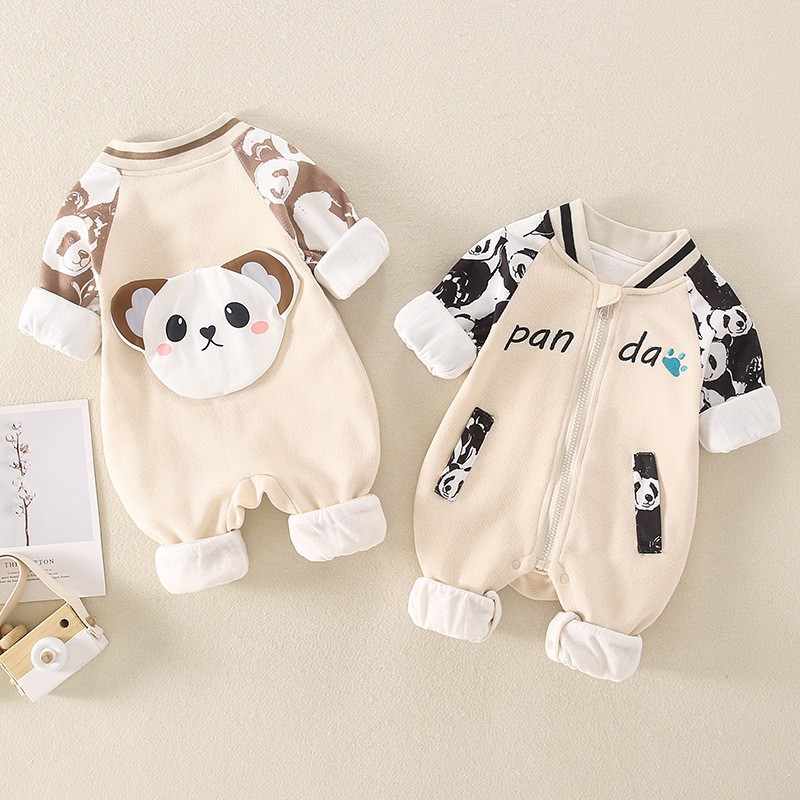 Baby Boy/Girl 3D Suspender Panda Pattern Long Sleeve Zipped Baseball  Romper