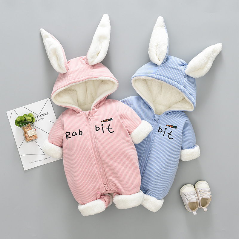 Baby Boy/Girl Winter Thicken Cute Rabbit Design Long Sleeve Hooded Romper-kissminis