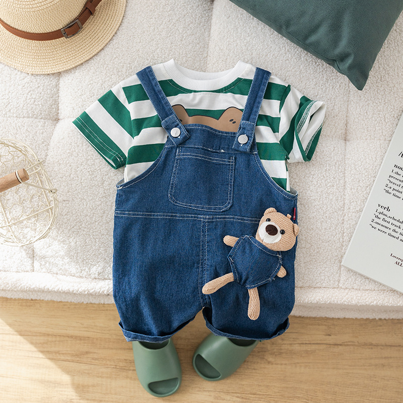 2pcs Baby Striped Bear T-shirt with Denim Pants Set -kissminis