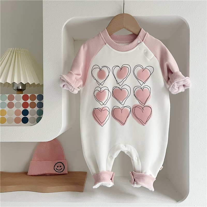 Baby Girl Heart Print Graphic Fluff Block Color Long Sleeve Romper