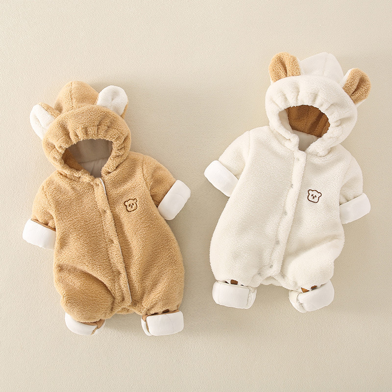 Baby Boy/Girl Winter Bear and Arch Patch Long Sleeve Thicken Hooded Fluff Romper-kissminis