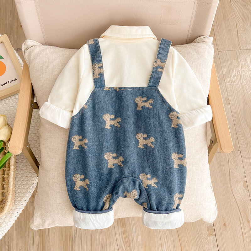Baby Boy Allover Cute Puppy Pattern Single Breasted Fake Two Pieces Long Sleeve Romper-kissminis