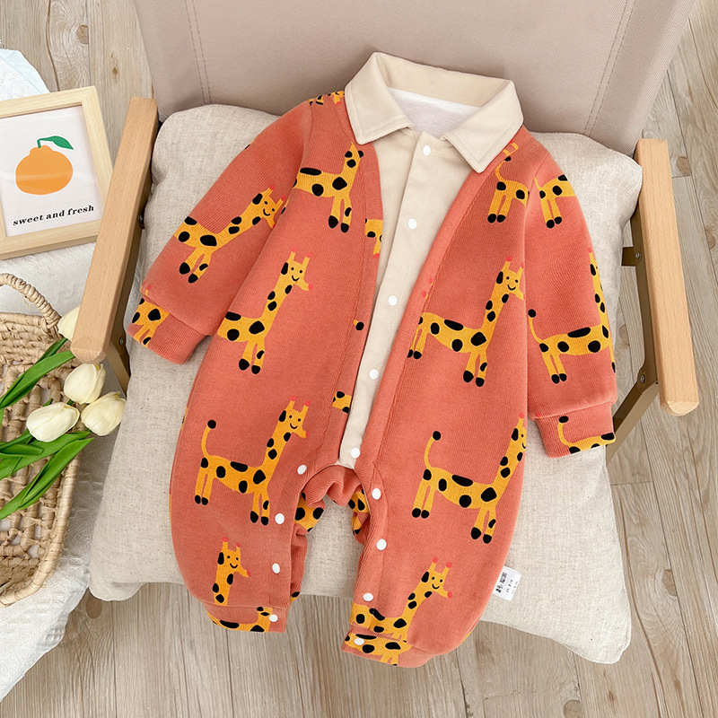 Baby Boy/Girl Allover Cute Giraffes Pattern Fake Two Pieces Long Sleeve Romper-kissminis