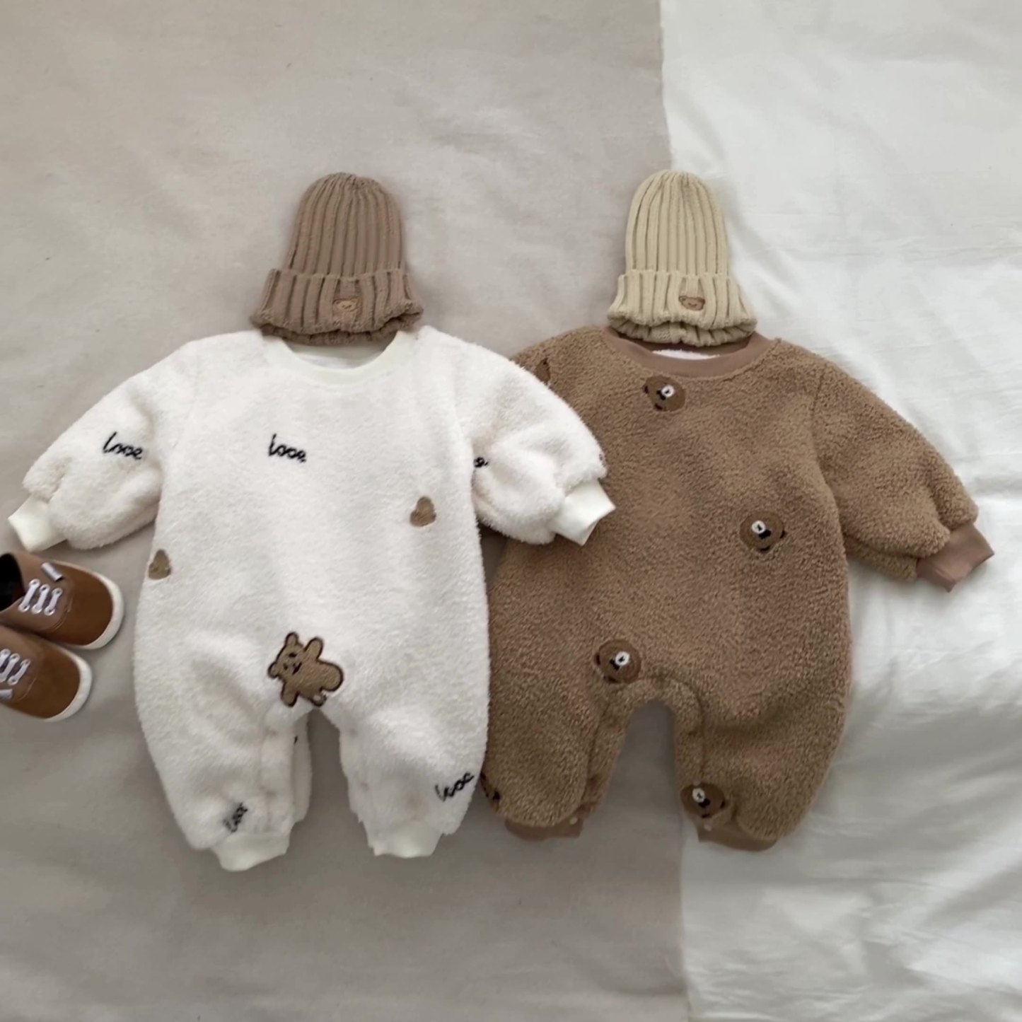 Baby Winter Fleece Solid Color Bear Pattern Romper-kissminis