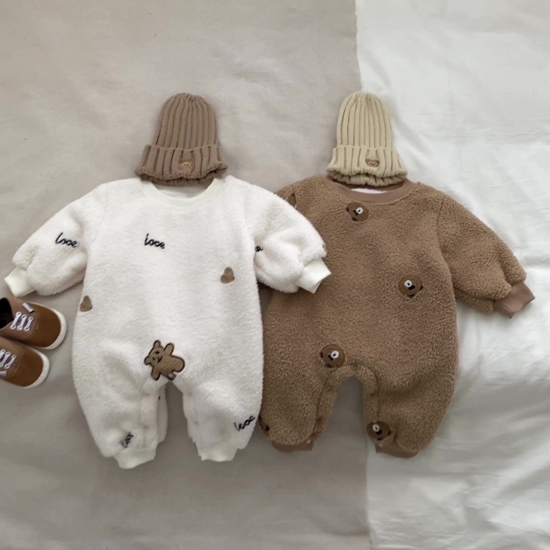 Baby Winter Fleece Solid Color Bear Pattern Romper-kissminis