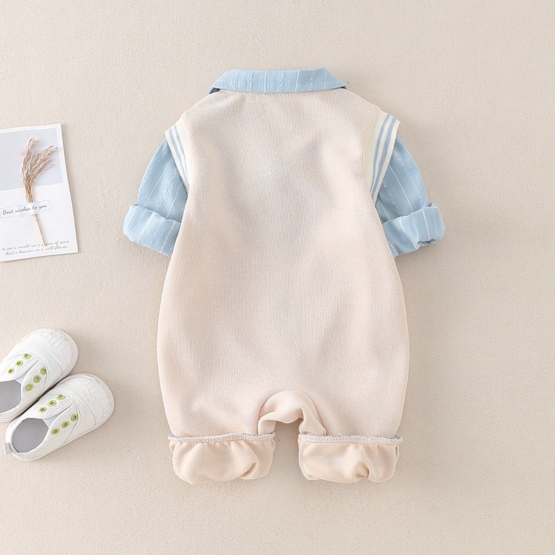 Baby Boy/Girl Mock Two Pieces Collegiate Style Knit Long Sleeve Romper-kissminis
