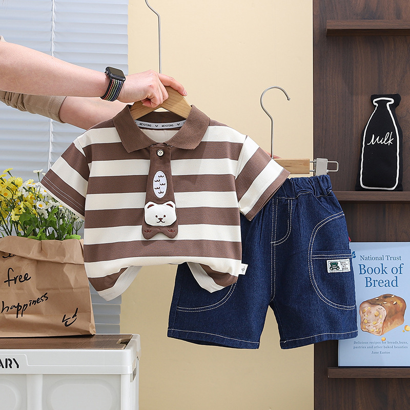 Striped Polo Shirts with Animal Motifs and Denim Shorts Sets