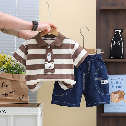 Striped Polo Shirts with Animal Motifs and Denim Shorts Sets