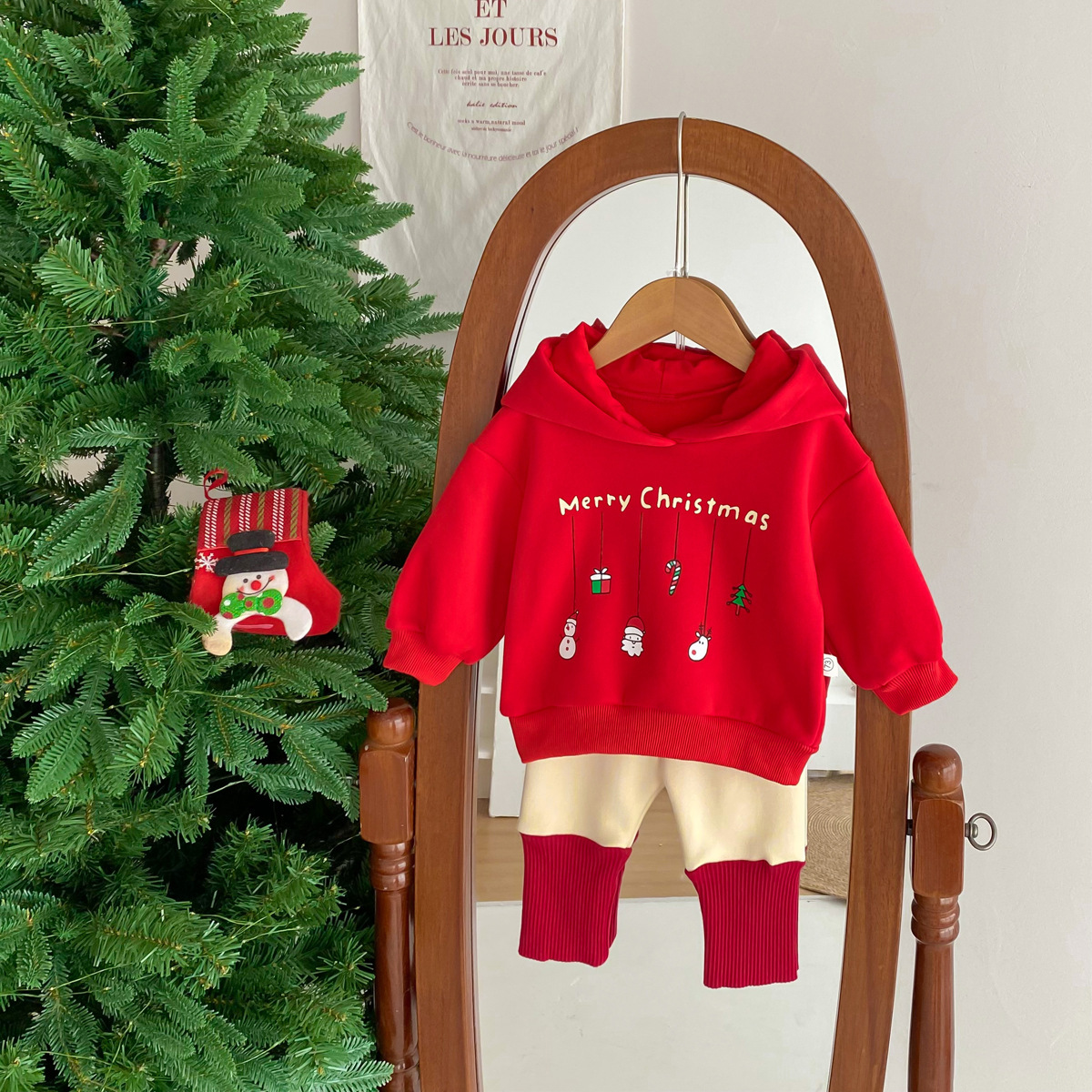 Baby Boy/Girl Christmas Cartoon Hooded Thincken Long Sleeve Sweatshirt with Pants-kissminis