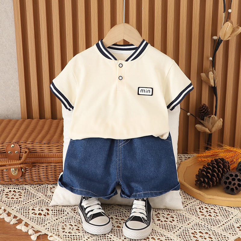 Henley Style Short Sleeve Shirt with Trim Detail and Denim Shorts Set
