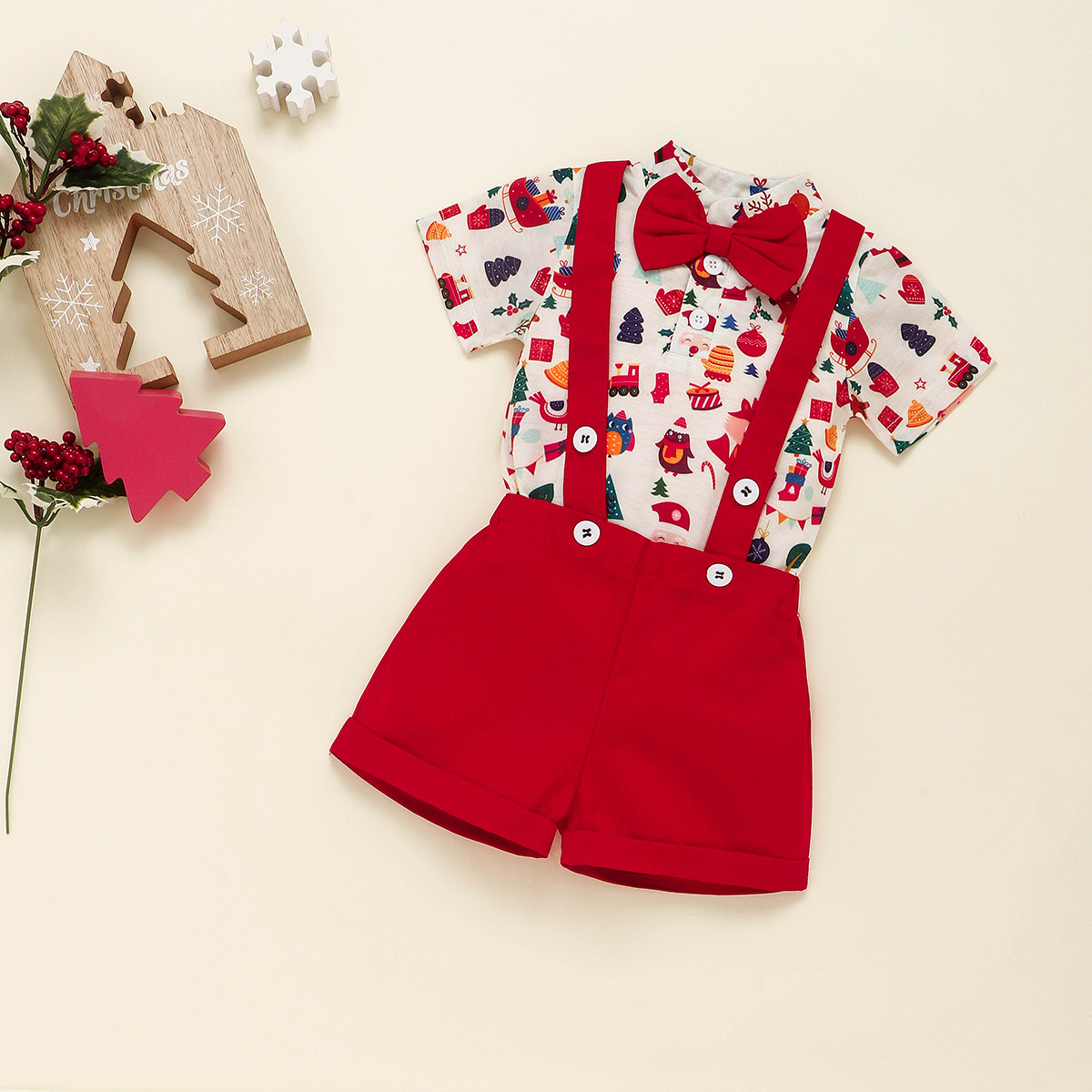 2pcs Baby Boy Christmas Cartoon Print Bow Tie Short Sleeve Romper with Bib Pants Set-kissminis