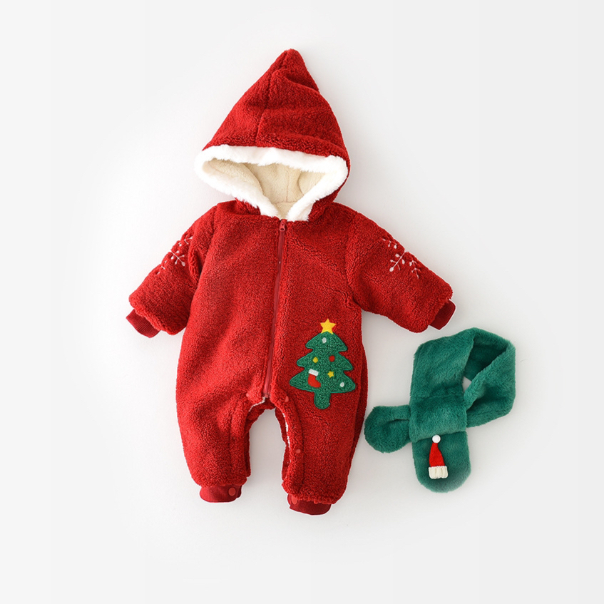 2pcs Winter Baby Boy/Girl Christmas Tree and Snow Embroidery Long Sleeve Hooded Romper with Scarf Set-kissminis