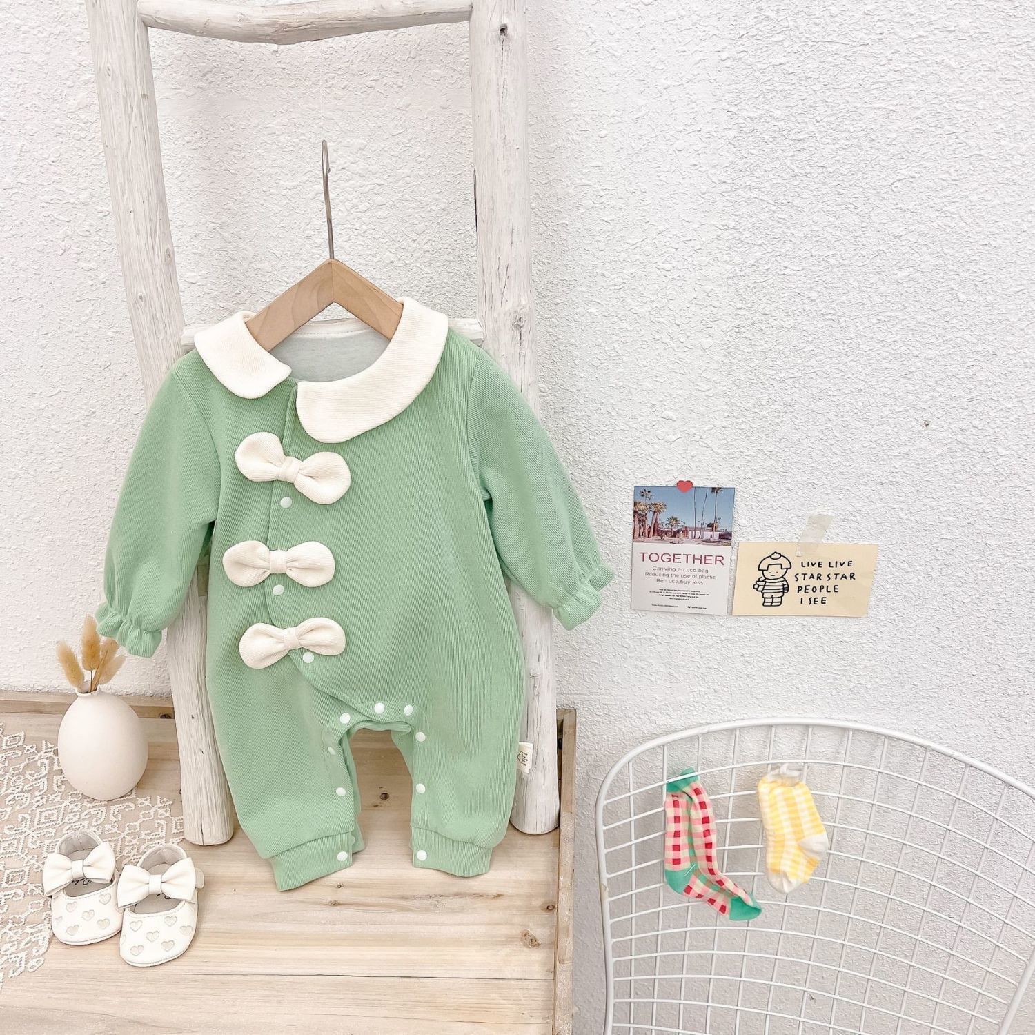 Baby Girl Bow Tie with Lapel Collar Long Sleeve Romper with Hat-kissminis