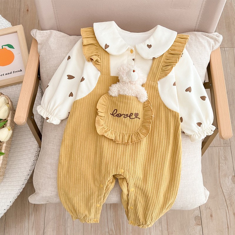 Baby Girl Cute 3D Pocket Bear Design Long Sleeve Romper-kissminis