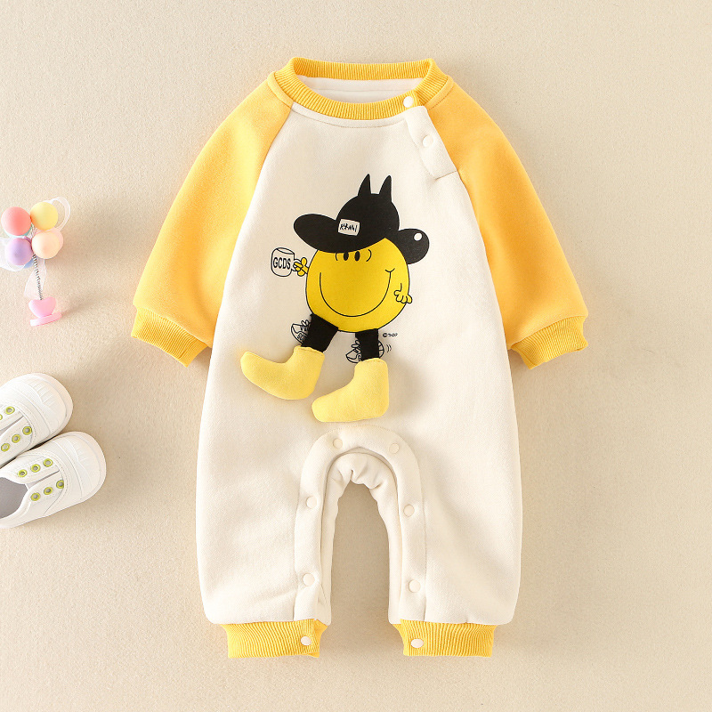 Newborn Baby Boy & Girl Cartoon Smiling Face Graphic Long Sleeve Romper-kissminis