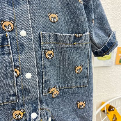 Baby Boy Allover Bear Print Polo Collar Pocket Decor Long Sleeve Botton Up Casual Denim Romper