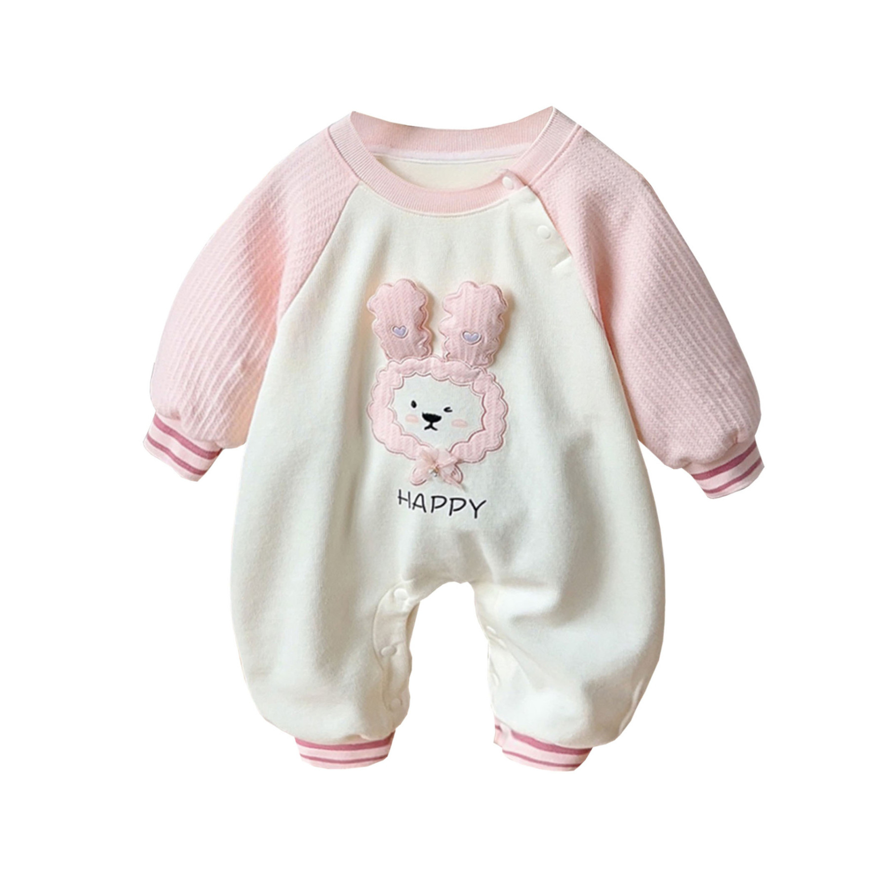 Bunny Face Design and “HAPPY”Text Pink and Cream Romper