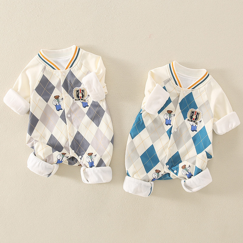 Baby Boy Bear Embroidery Rhomb Long Sleeve Romper-kissminis