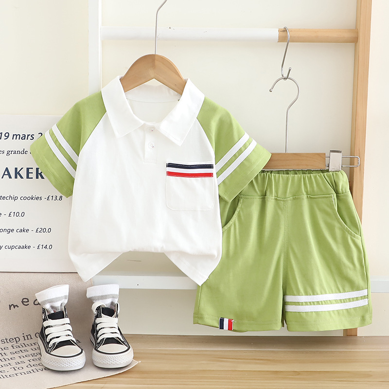 Polo Short Sleeve Shirt with Striped Details and Green Shorts Set