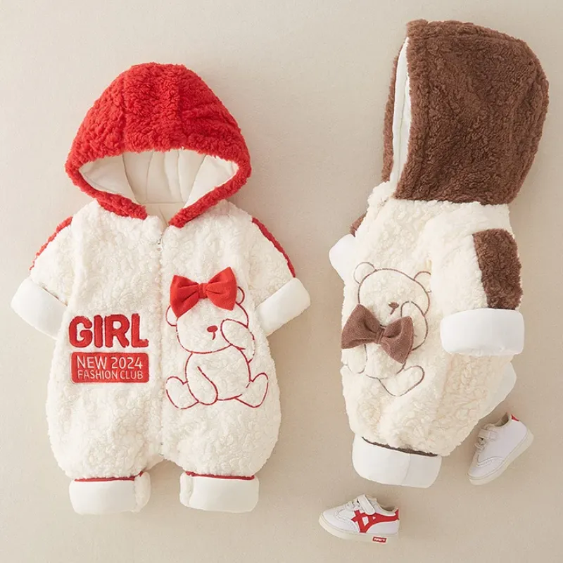 Baby Boy/Girl Winter Bear Tie Design Long Sleeve Thicken Fluff Hooded Romper -kissminis