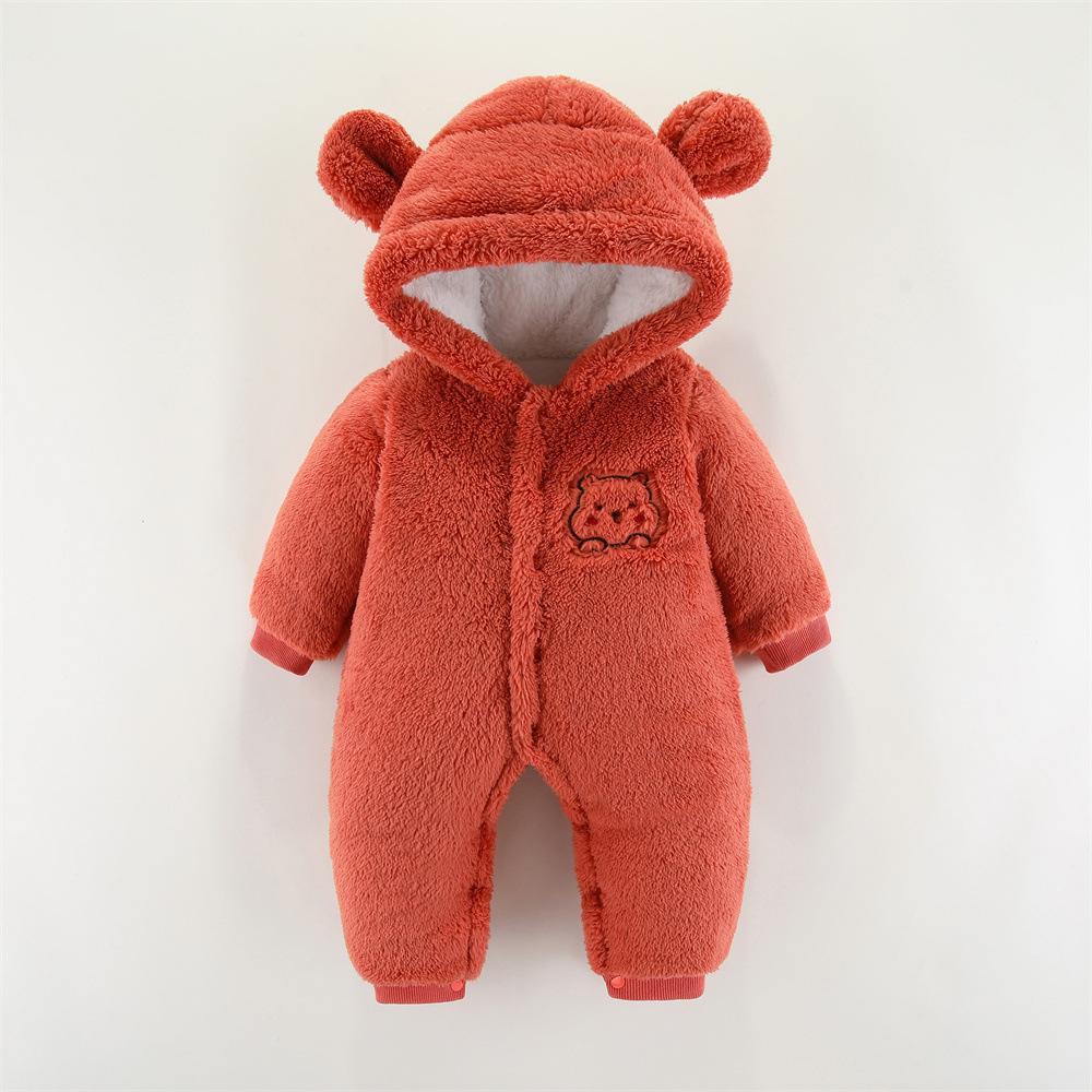 Baby Boy/Girl Winter Thicken Bear Patch Long Sleeve Fluff Hooded Romper-kissminis