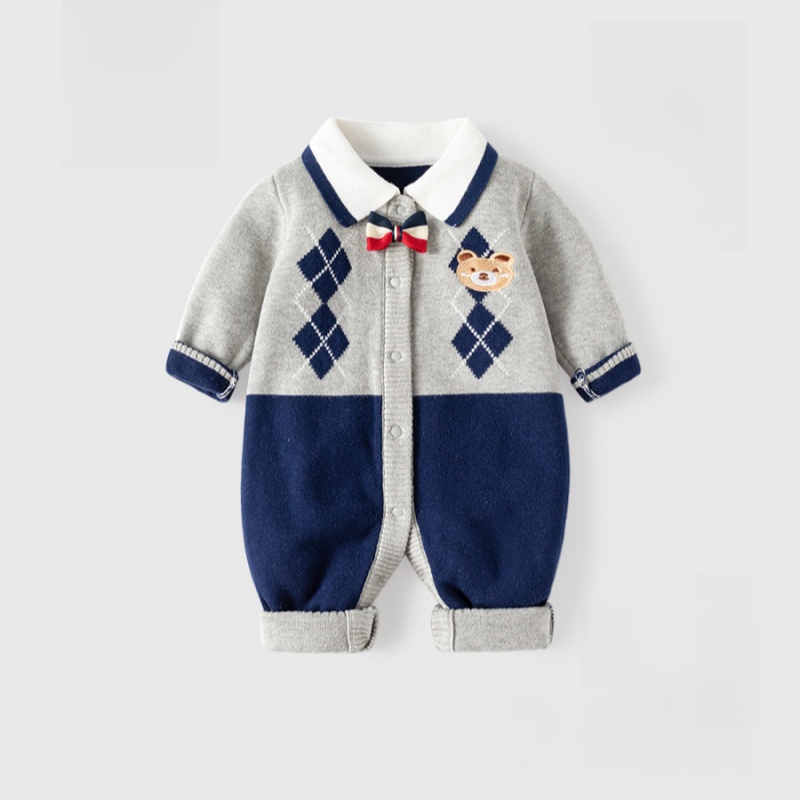 Newborn Baby Boy Cute Plaid Bear Graphic Knitted Long Sleeve Romper-kissminis