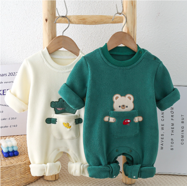 Baby Boy/Girl Cute Animals Pocket Design Single Breasted Long Sleeve Romper-kissminis