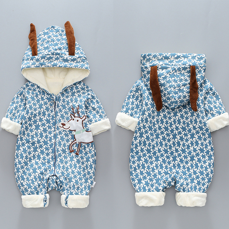 Baby Boy/Girl Allover Star and Elk Pattern Cotton Hooded Romper-kissminis
