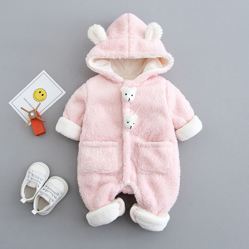 2pcs Baby Boy/Girl Winter Thicken Fluff Solid Color Cute Bear Design Romper -kissminis