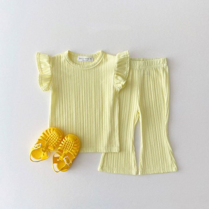 2pcs Baby Toddler Girl Solid Ruffle Thin Ribbed T-shirt and Pants Set