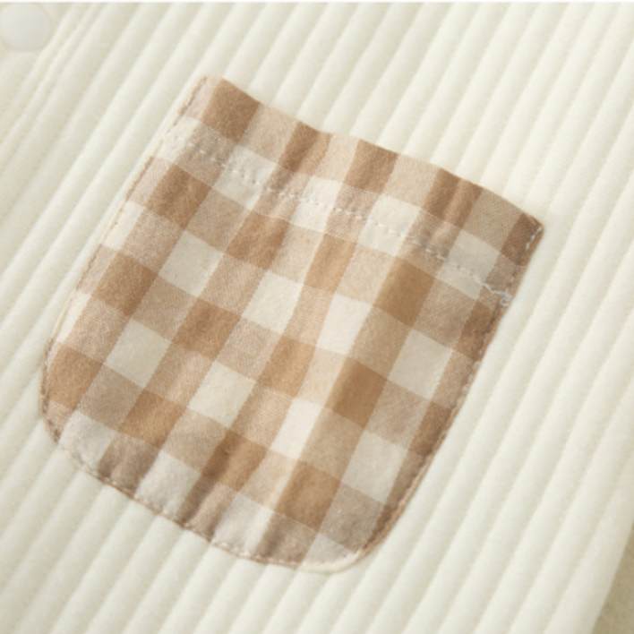 Baby Boy/Girl Embrioderied Bear Gingham Bowknot and Pocket Solid Color Long Sleeve Romper
