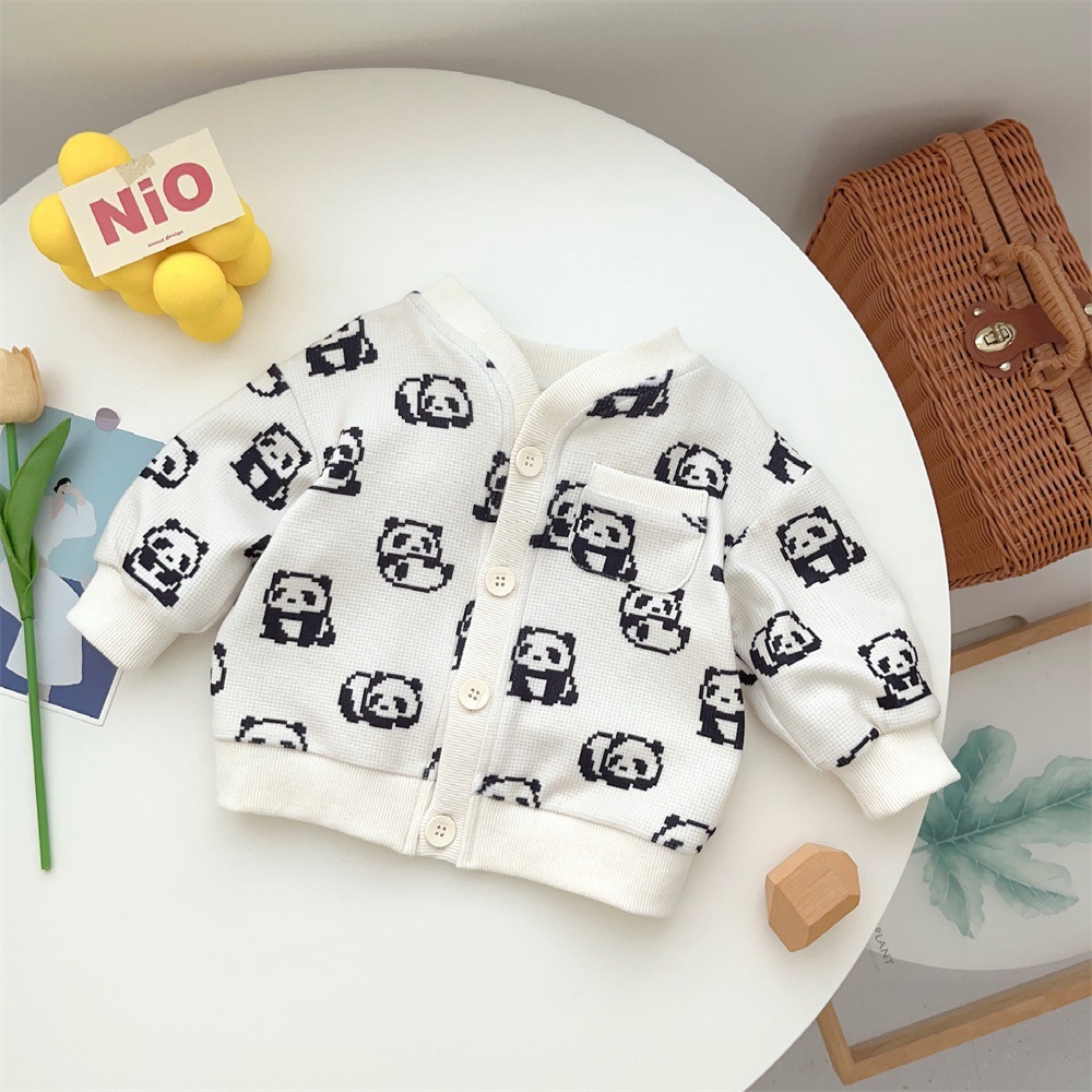 Baby Boy Panda Print Long Sleeve Cardigan with Denim Pants Set-kissminis