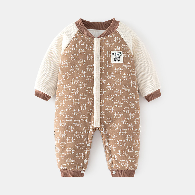 Baby Boy/Girl Bear Patch Long Sleeve Raglan Fluff Romper-kissminis