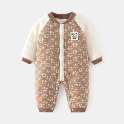 Baby Boy/Girl Bear Patch Long Sleeve Raglan Fluff Romper-kissminis