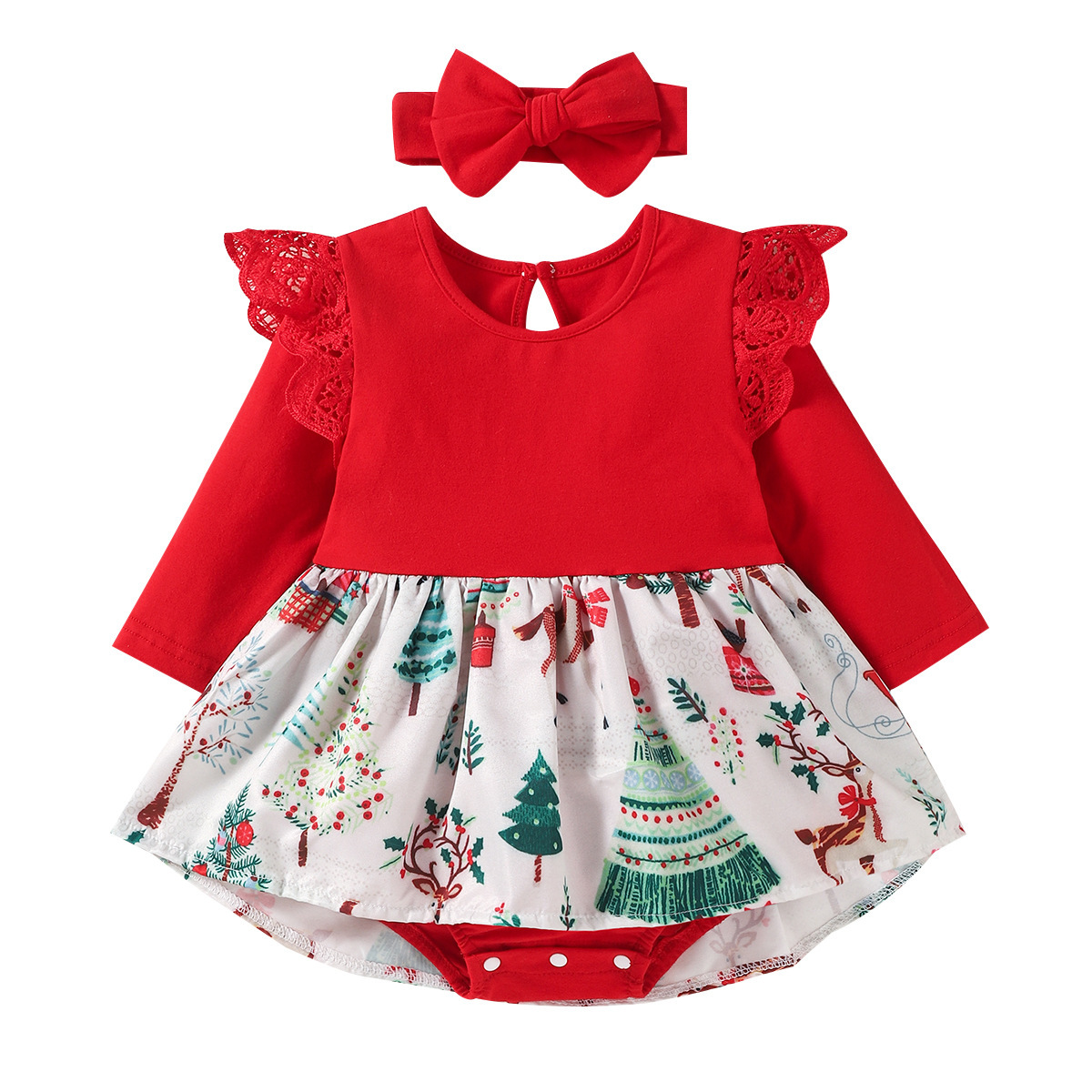2pcs Baby Girl Christmas Cartoon Lace Long Sleeve Romper with Hair Band Set-kissminis