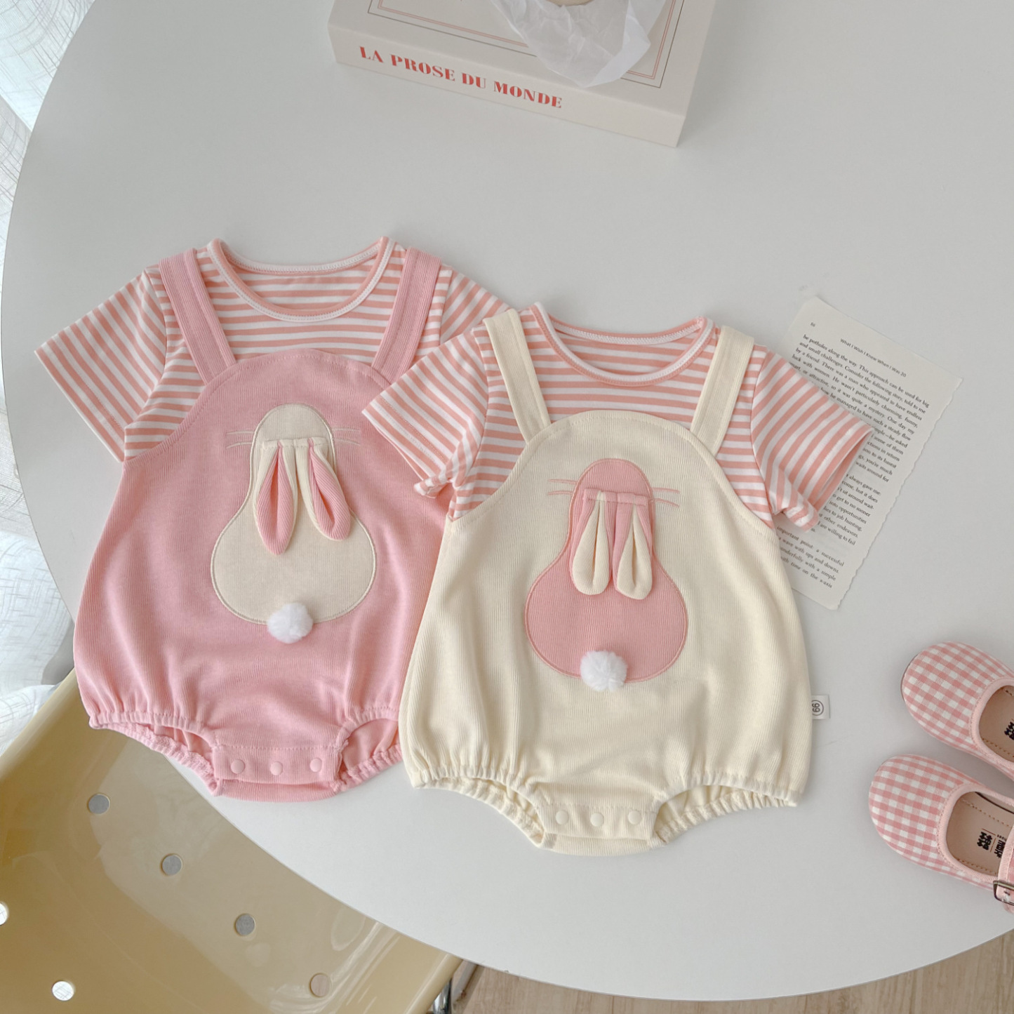Baby Girl Mock Two Pices Rabbit Pattern Short Sleeve Romper-kissminis