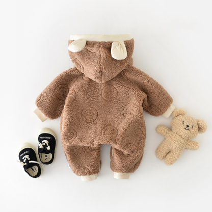 2pcs Baby Boy/Girl Winter Warm Brown Bear Fuzzy Romper with Doll Set-kissminis