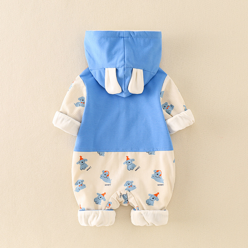Newborn Baby Fake Two Pieces Dog Pattern Hooded Long Sleeve Romper-kissminis