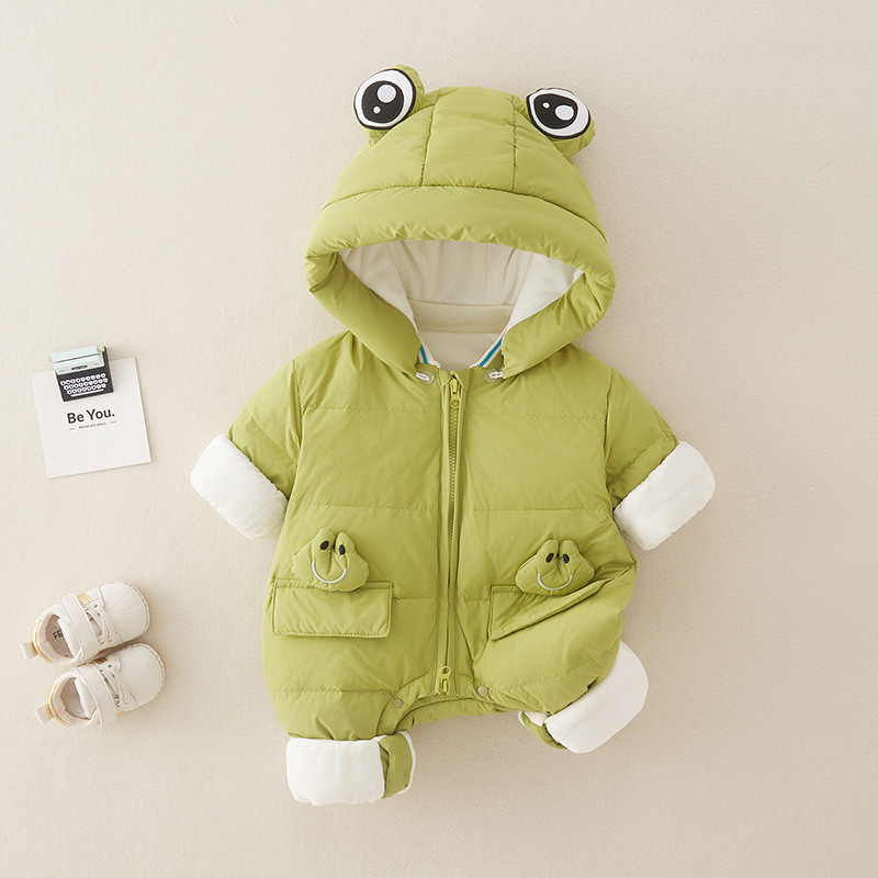 Baby Boy/Girl Cute Little Frogs Design Winter Feather Removable Hat Romper-kissminis