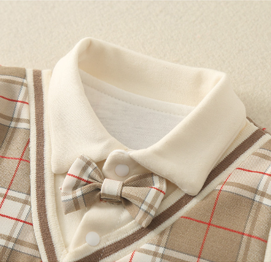 Baby Boy Fake Two Pieces Plaid Bow Long Sleeve Romper-kissminis