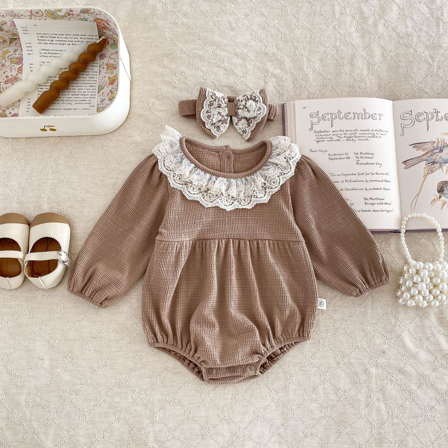 Baby Girl Waffle Lace Solid Color Long Sleeve Bodysuit-kissminis