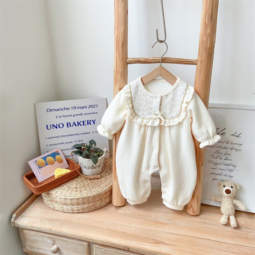 Baby Girl Cute Princess Style Solid Color Allover Flower Embroider Long Sleeve Romper-kissminis