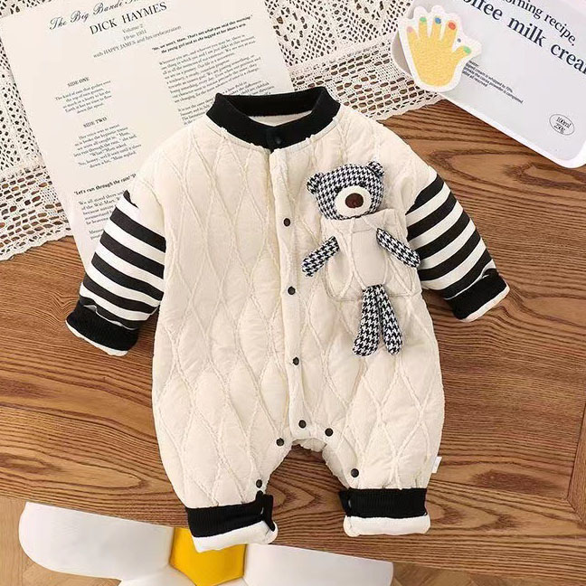 Newborn Baby Boy/Girl Pocket Three-dimensional Bear Clip Design Soild Color Winter Long Sleeve Romper-kissminis