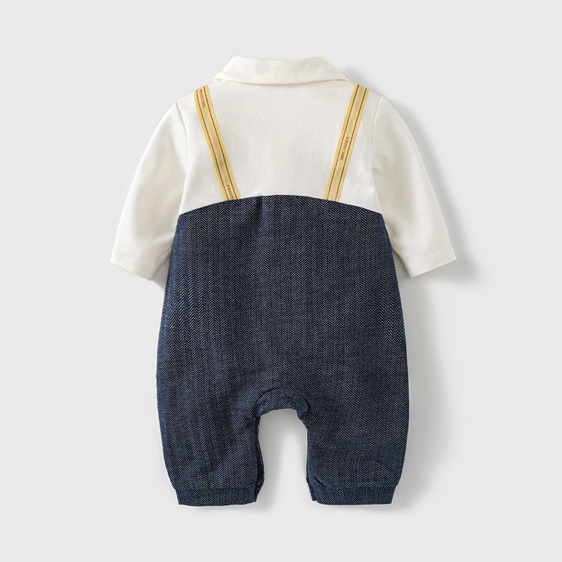 Baby Boy Cute Bear Print Bow Tie Long Sleeve Romper-kissminis