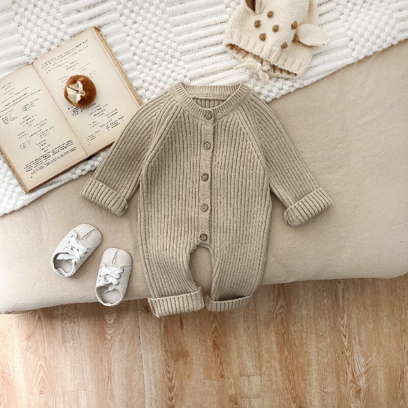Baby Boy/Girl Solid Color Knitted Single Breasted Long Sleeve Romper-kissminis