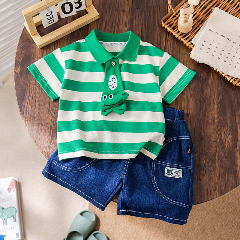 Striped Polo Shirts with Animal Motifs and Denim Shorts Sets