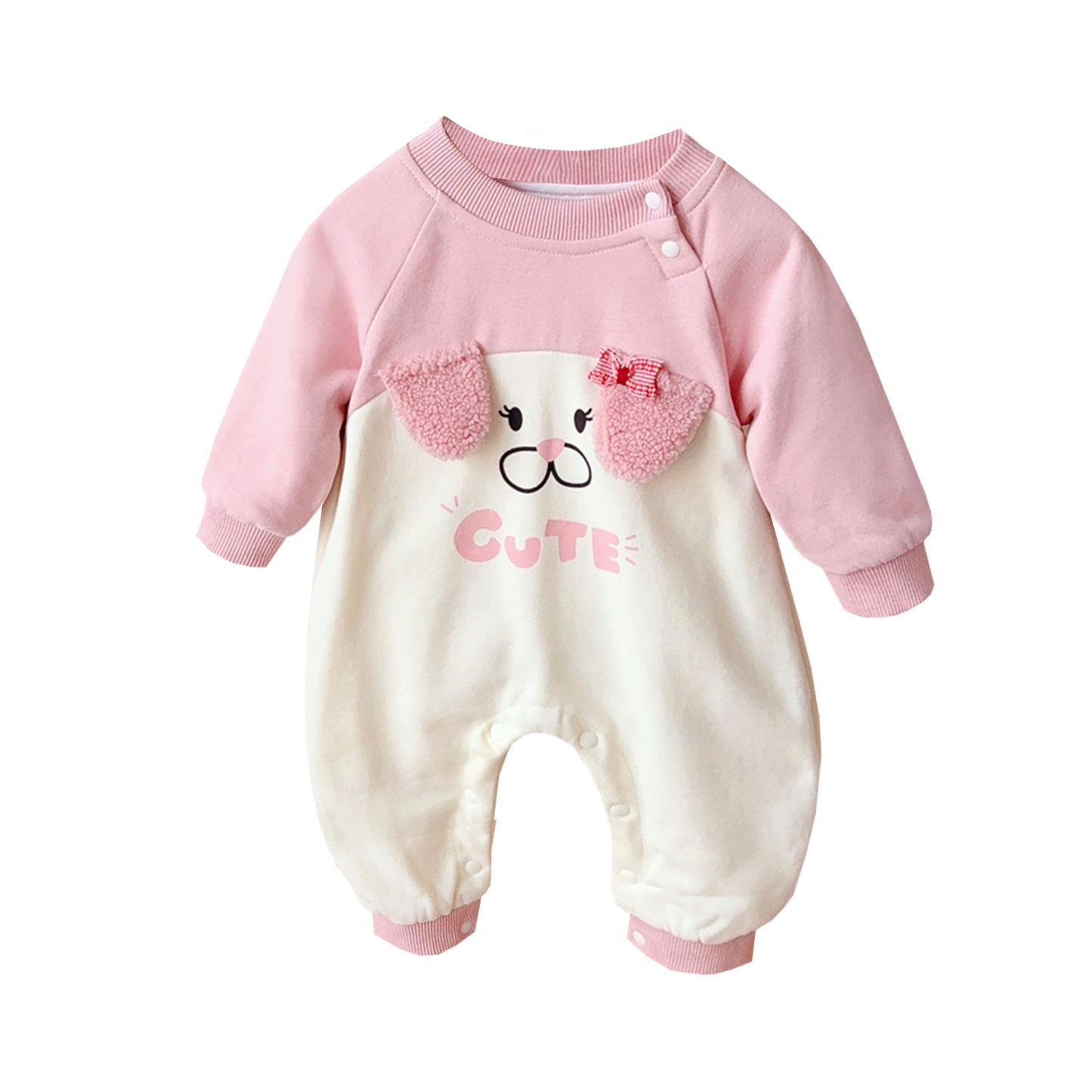 Puppy-face Design and “CUTE” Text Pink and Cream Romper