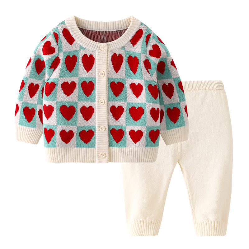 2pcs Baby Toddler Girl Cute Heart Graphic Plaid Knit Tops and Pants Set-kissminis