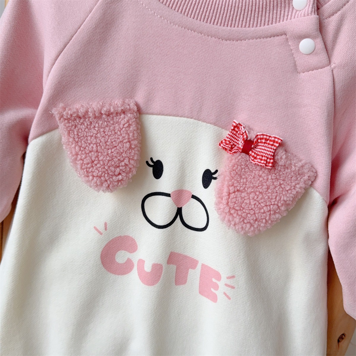 Puppy-face Design and “CUTE” Text Pink and Cream Romper
