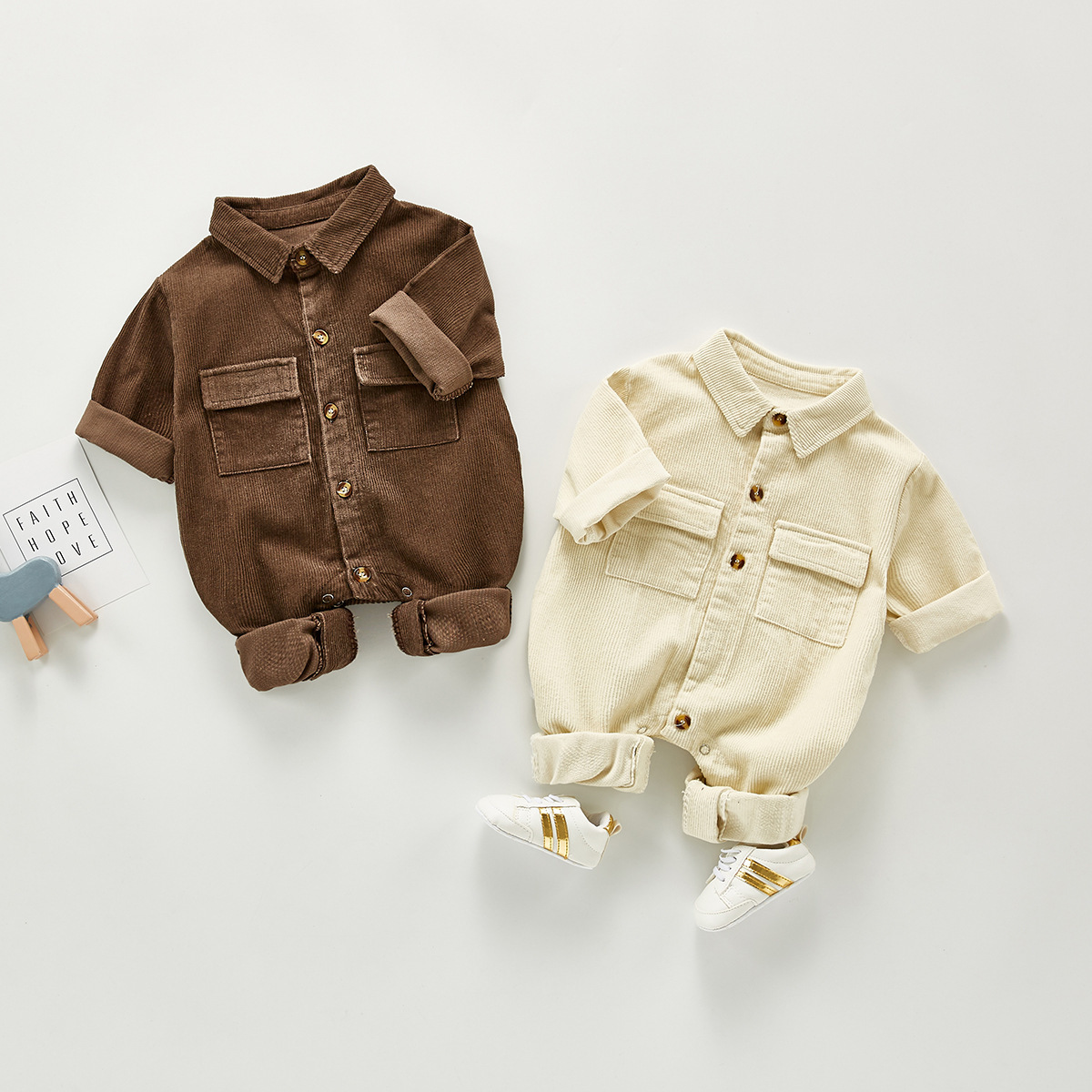 Baby Boy Solid Color Single Breasted Long Sleeve Romper-kissminis